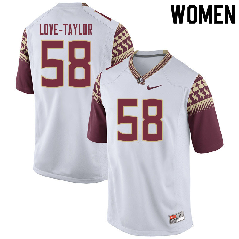 Women #58 Devontay Love-Taylor Florida State Seminoles College Football Jerseys Sale-White - Click Image to Close